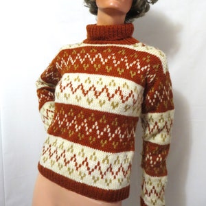 Chunky Wool Turtleneck Sweater Nordic Wool Handknit Pullover, Rust Taupe Off White Chevron ,  Size Small