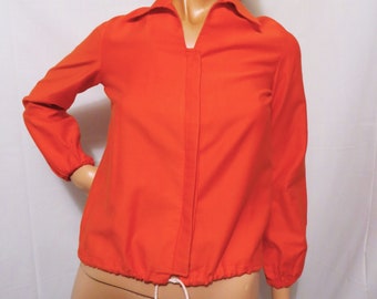 70s Mod Cotton Blouse: Flare Collar, Reddish Orange Top, Size Small