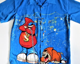 KAD Hip Hop Gangsta Shirt Cartoon Graphics Urban Man and Dog in Hoody, Streetwear Button Up Camp Shirt Blue Polyester Microfiber size Large