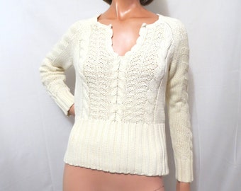 90s Tommy Hilfiger Cable Knit Sweater: Portrait V Neck, Ivory White