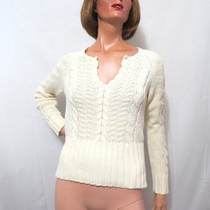 90s Tommy Hilfiger Cable Knit Sweater: Portrait V Neck, Ivory White