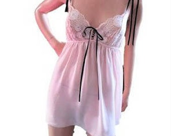 Victoria Secret Pink Cami Baby Doll Camisole, Shorty Nightie, Pajama Top, Pink Lace Black Ribbons, Perfect Bombshell M