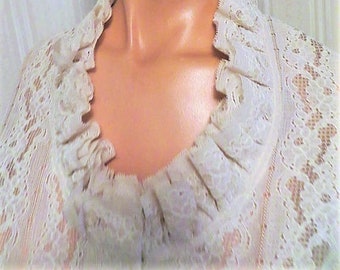 Lace Blouse Ruffles Long Sleeves Designer Malbe, Portrait Neckline Lace Ruffles, Romantic Edwardian Style, Ecru Lace, Small, Unworn