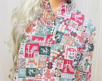 60s 70s Hippie Cottagecore Blouse Tunic Top Southwest Native American Print, Long Bell Sleeves, Loose Fitting Blouse, Unfitted,