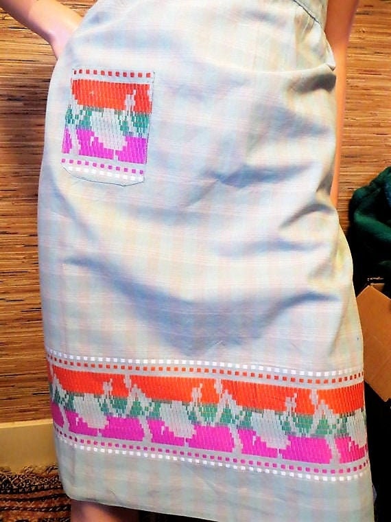 Vintage Border Design Half Apron, Muted Plaid Homespun Cotton With ...