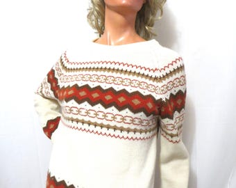 Vintage 70s Ski Sweater, Intarsia Knit Acrylic Pullover, Size Medium