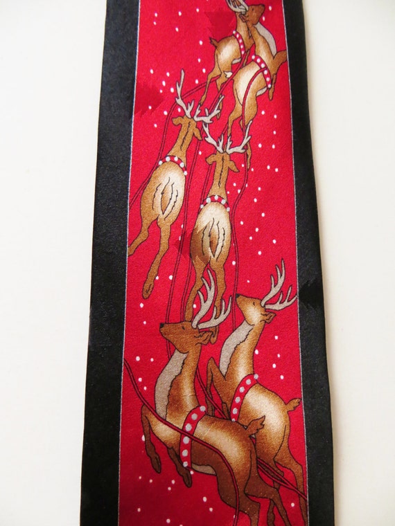 Silk Christmas Necktie, Santa and Reindeer, Red S… - image 3