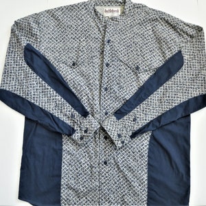 Collarless Western Shirt, Saddlebrook Western Wear, Long Sleeves, Blue Beige, 2 tone Cotton,  Cape Flap Yokes, flap Pockets, size Medium