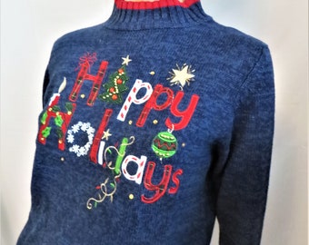 "Bestickter ""Happy Holidays"" Ugly Christmas Pullover, Navy Blau meliert (Größe S/M)"
