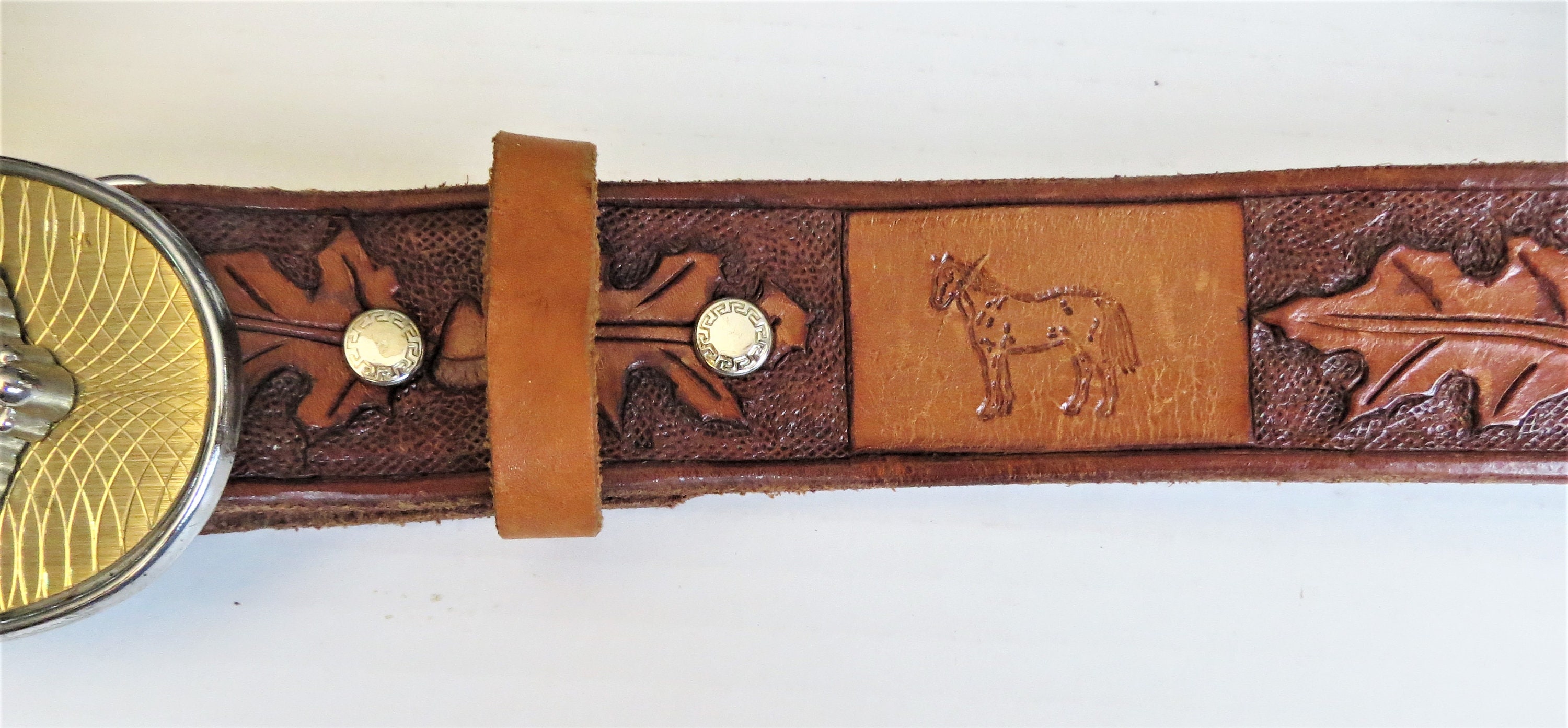 Tooled Leather Western Belt, Big Agate Stone Buckle, Horse  display picture 1