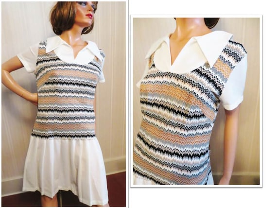 70s Chevron Stripe Knit Dress Large Dagger Collar… - image 2