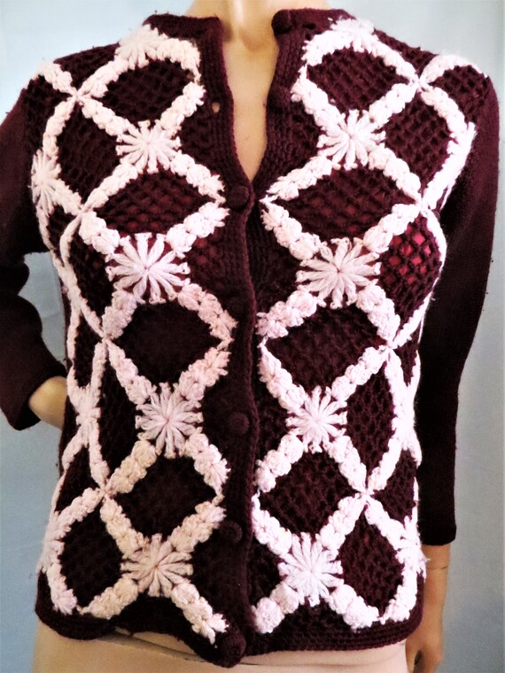 Burgundy and Pink Wool Cardigan Sweater, Knit and… - image 5