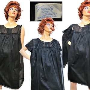 Black Vanity Fair Peignoir Set, 50s 60s Sheer Nylon Double Layer Nightgown Robe, Lace Ribbon Trim, Sexy 2 Piece Lingerie Set, Medium