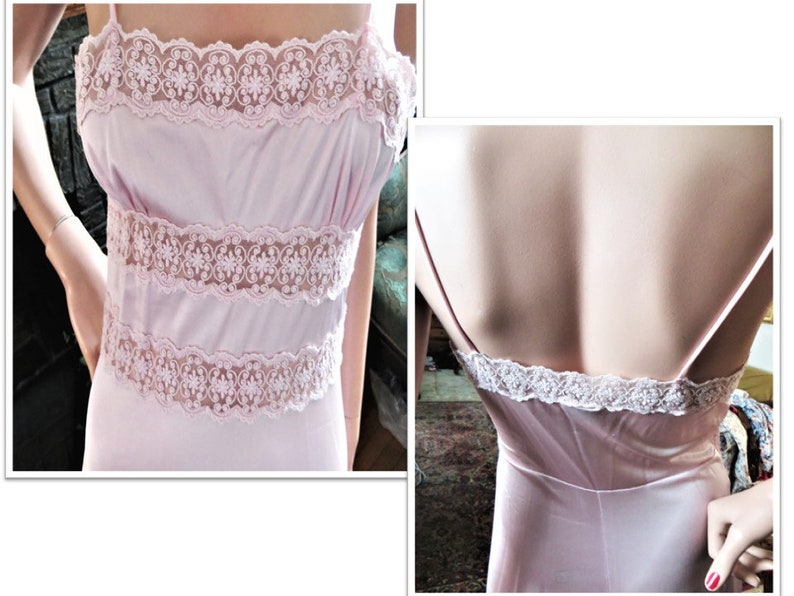 70s Pink Peignoir Set, Rosa Puleo Szule Annique, Stunning Vintage Lacy Nylon Long Nightgown and Robe 2 Piece Fine Lingerie Set Size Small image 9