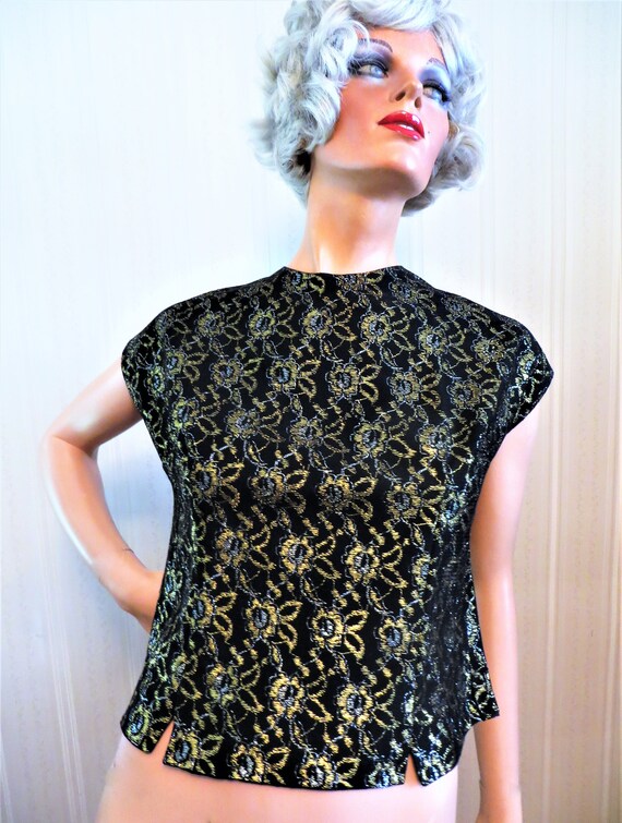 60s Black and Gold Brocade Top, Back Button Short… - image 8