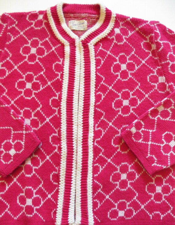60s 70s Open Cardigan Sweater, Hot Pink White Fuc… - image 5