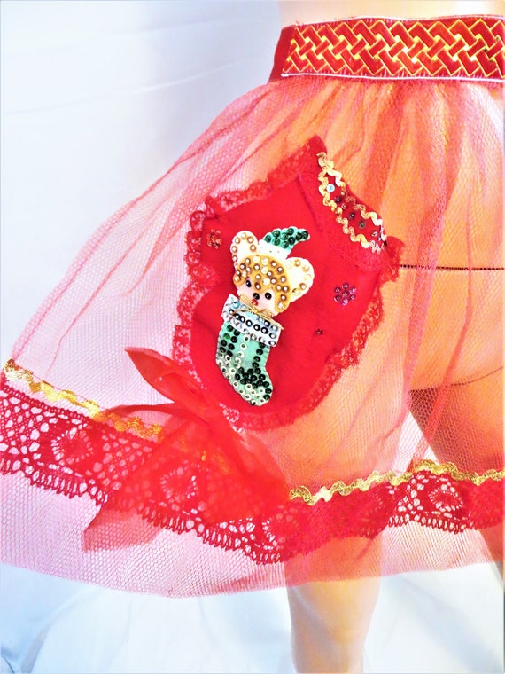 Christmas Red Net Apron, with Felt Sequins Beads,… - image 2