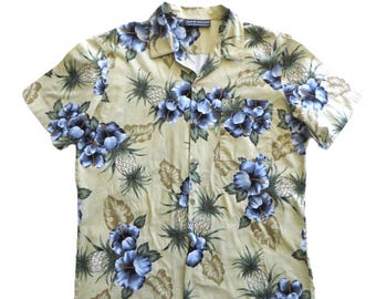 Cotton Hawaiian Shirt, 90s Blue Hibiscus Print, David Taylor, Size Large, Unisex for Men Women