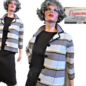 Vintage 60s Wool Knit Suit, Voguemont 3 Piece Suit, Brown Beige Taupe Skirt Top Striped Jacket, made in Hong Kong vintage size 12 size small