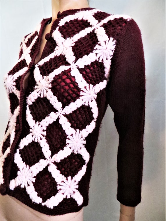 Burgundy and Pink Wool Cardigan Sweater, Knit and… - image 1