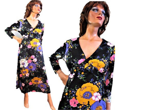 60s 70s Maxi Dress, Black Purple Pink Gold Floral… - image 1