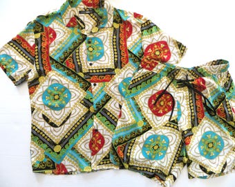 Rayon Cabana Set, Hawaiian Shirt, Swim Trunks or Shorts, Bright Print, Size Men's Large
