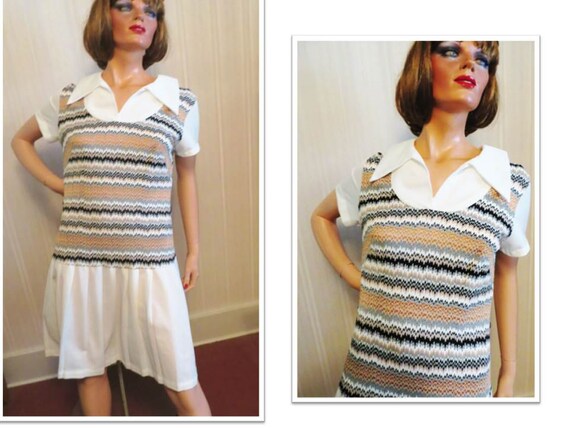 70s Chevron Stripe Knit Dress Large Dagger Collar… - image 1