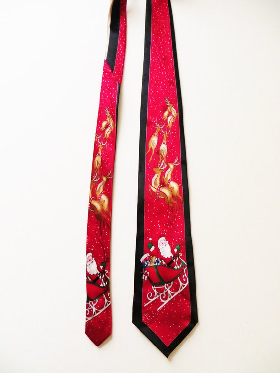 Silk Christmas Necktie, Santa and Reindeer, Red S… - image 5