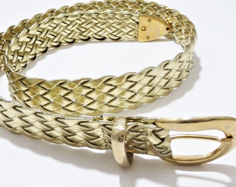 Gold Finish Braided Belt Bright Shiny Woven Faux Leather, Very Adjustable, Small and Medium