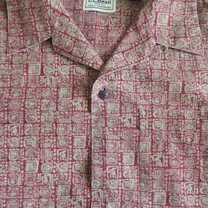 Vintage Cotton Hawaiian Shirt LL Bean 90s Cotton Red Khaki Tiki Print, Loop Collar Aloha  Summer Casual, Men&#39;s Large, Unisex for Men Women