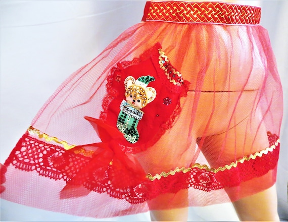 Christmas Red Net Apron, with Felt Sequins Beads,… - image 1