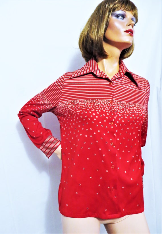 70s Long Sleeve Top, Red Stripes Polka Dots Print… - image 4