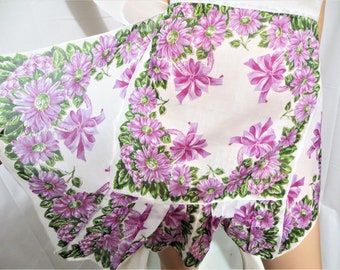 Vintage Handkerchief Apron, Lavender Purple Green White Coneflowers 50s Half Apron