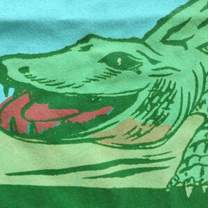 May include: Green alligator with a red open mouth and green scales on a green and blue background.