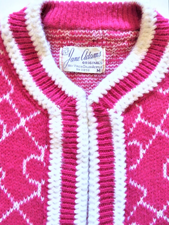 60s 70s Open Cardigan Sweater, Hot Pink White Fuc… - image 4