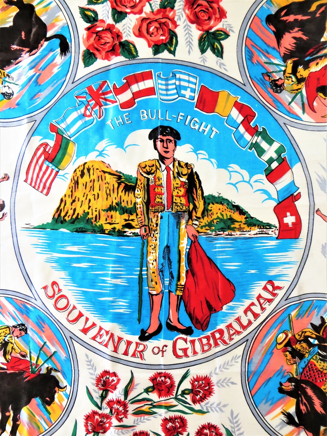 Vintage Gibraltar Souvenir Scarf, Gibraltar Bull Fight Scenes, British
