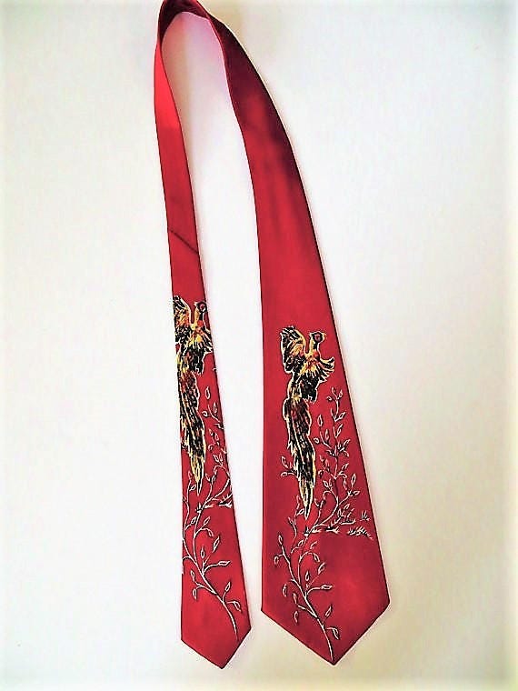 40s Wide Necktie, Red Satin Pheasant Scene, Vacat… - image 9