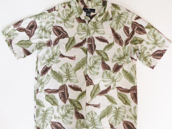 Rayon Hawaiian Shirt,  Green Brown White Tropical… - image 1