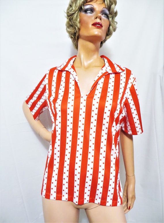 70s Red and White Knit Top, Stripes Polka Dots Sho