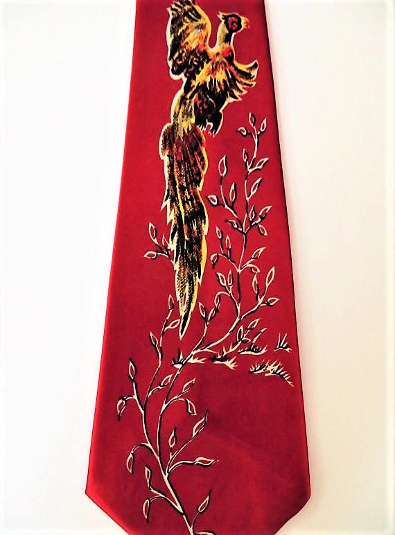 40s Wide Necktie, Red Satin Pheasant Scene, Vacat… - image 6