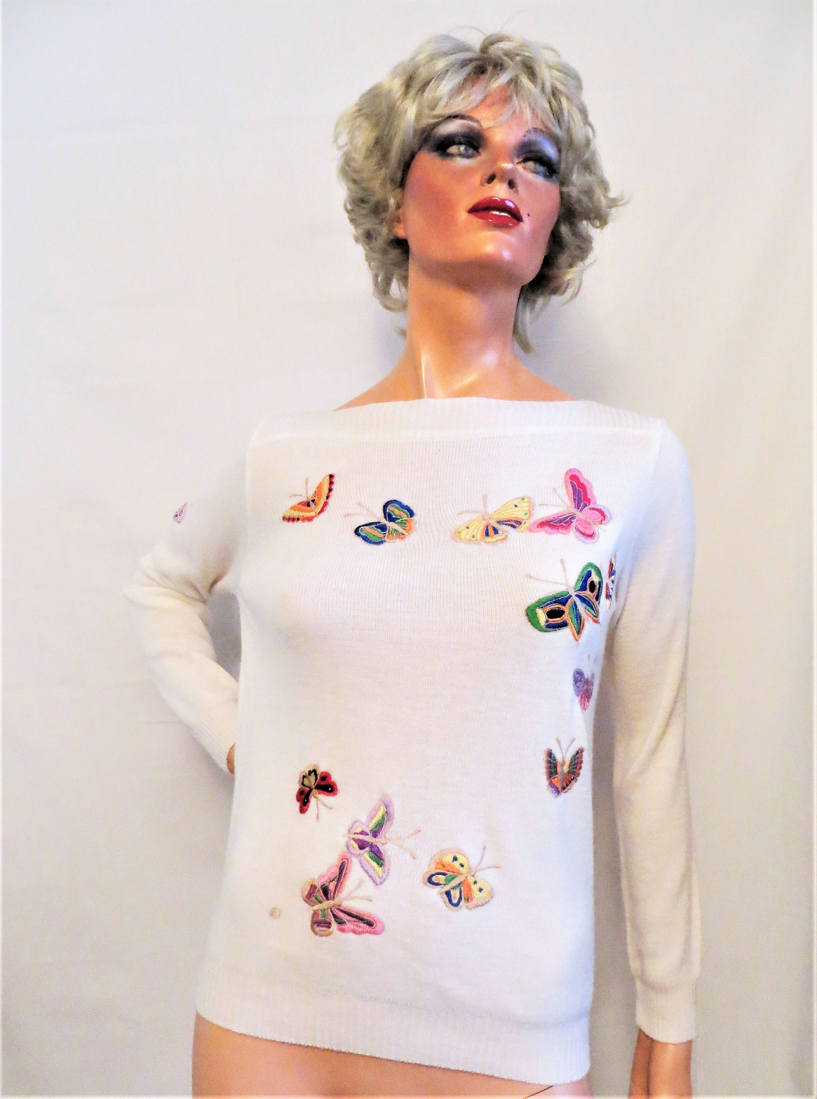 70s Butterfly Embroidered Sweater White Acrylic Pullover Etsy
