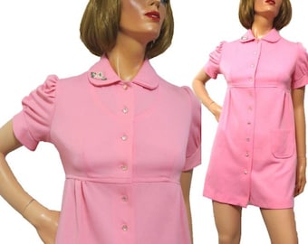 60s Pink Minidress, Midriff Style, Textured Polyester Button Front A Line Dress, Rose Applique Collar, Short Puffy Sleeves, Size Small XS