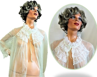Sheer Lacy Peignoir Robe Mint Green White Lace Ruffles, Miss Elaine, ILGWU Union, sexy See Through Nylon Lingerie, Size Large