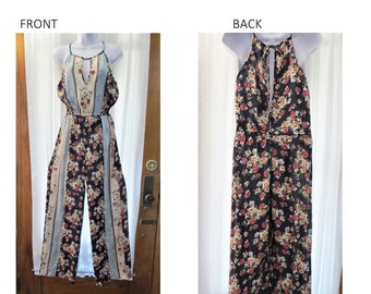 70s Floral Rayon Jumpsuit: Wide Leg Romper, Made in India, Size Small