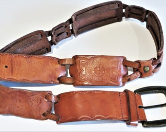 Tooled Leather Western Belt, Big Agate Stone Buckle, Horse  display picture 3