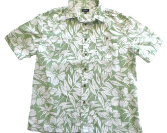 Vintage 90s Cotton Hawaiian Shirt,  Green White Hibiscus Print, Croft & Barrow, Size Men's Large, Unisex