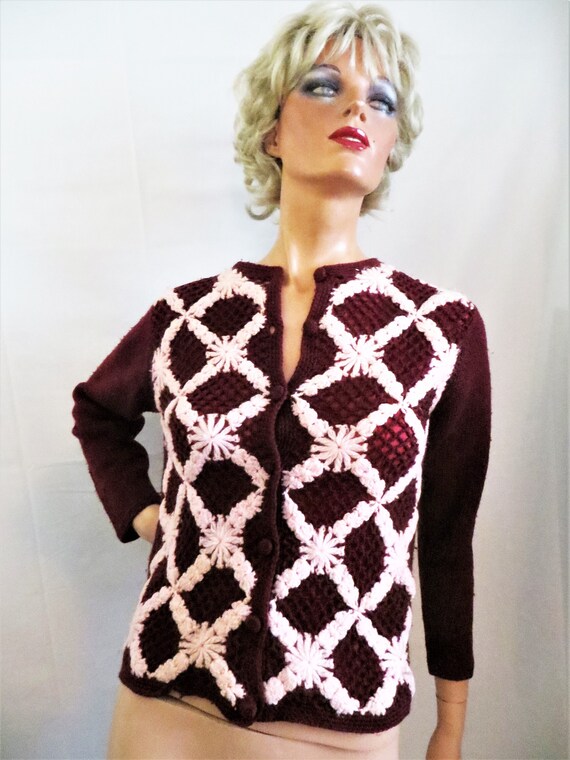 Burgundy and Pink Wool Cardigan Sweater, Knit and… - image 2
