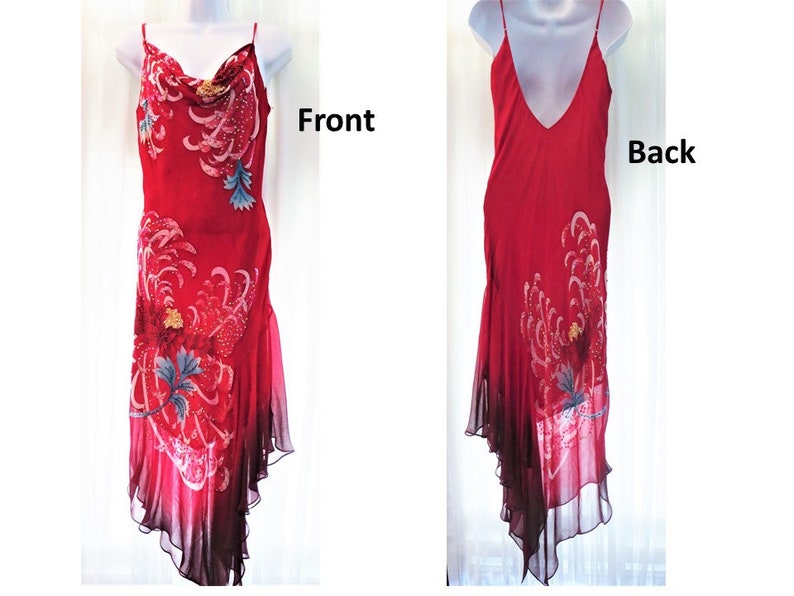 Ombre Red Double Layer Cache Cocktail Dress Bead Sequin Floral Sprays Asymmetrical Hem Small 90s Beaded Silk Chiffon Formal Slip Dress