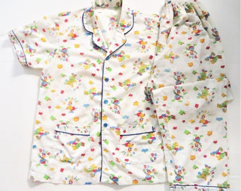 60s 70s Mickey Mouse Pajamas, Donald Duck Thin Cotton Blend Top and Bottom, Novelty Cartoon Character Short Sleeve PJs, size Small