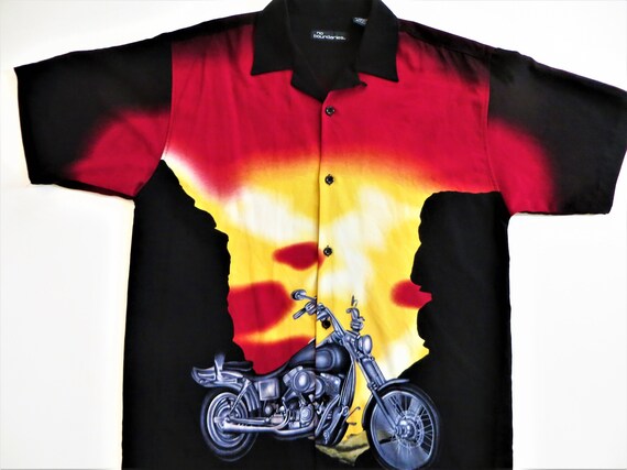 Vintage Motorcycle Flame Club Shirt, No Boundaries Polyester